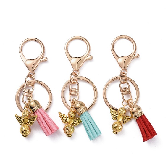 Alloy Keychain Clasp Findings, with Iron Rings, with Natural Lava Rock Beads, Tibetan Style Alloy Angeltee Beads and Faux Suede Tassel Pendant, Angel