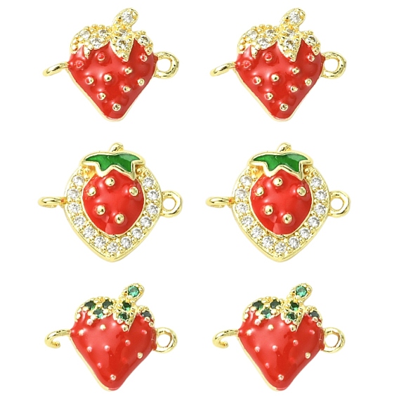 6шт. 3 стили латунные микропаве кубический цирконий фруктовые коннекторы подвески, красные эмалевые клубничные звенья, стойки покрытие, долговечный, без кадмия и без свинца
