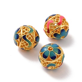 Hollow Alloy Beads, with Enamel, Round with Flower, Matte Gold Color