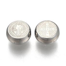 304 Stainless Steel Beads, Flat Round with Saint Benedict Medal