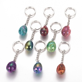 Electroplated Natural Druzy Geode Quartz Keychain, with Iron Chains and Alloy Key Rings, Oval, Egg Stone, For Easter, Platinum