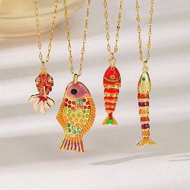 Collares colgantes de latón esmaltado para la playa de verano, pescado, dorado