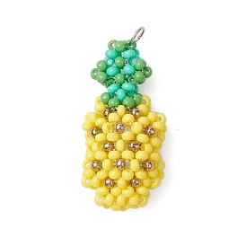 Handmade Glass Seed Beads, Loom Pattern, with 304 Stainless Steel Jump Rings, Pineapple Pendants