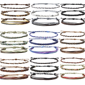 3Pcs 3 Styles Natural & Synthetic Mixed Gemstone Braided Bead Bracelets Set, Wax Cord Multi-strand Cord Bracelets