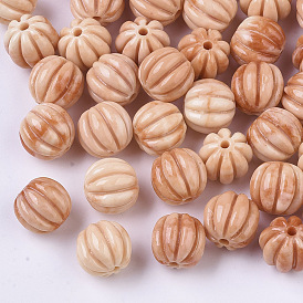 Synthetic Coral Corrugated Melon Beads, Dyed, Two Tone, Corrugated Round