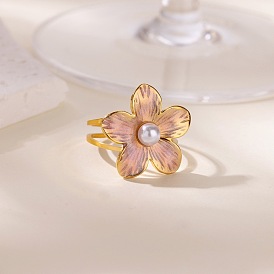 304 Открытые кольца манжеты из нержавеющей стали с пластиковыми жемчужинами, цветок, ионное покрытие (ip)