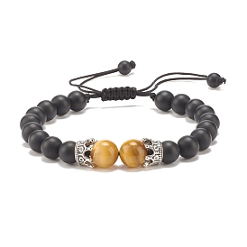 Natural Frosted Dyed & Heated & Heated Black Agate(Dyed & Heated) & Tiger Eye Braided Bead Bracelet with Alloy Crown, Gemstone Jewelry for Women