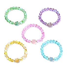 Electroplated Natural Quartz Hexagon & 8mm Synthetic Moonstone Holographic Round Beaded Stretch Bracelets