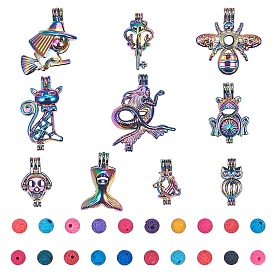 SUNNYCLUE DIY Pendants Making, with Plated Alloy Bead Cage Pendants and Natural Lava Rock Beads, Mixed Shapes