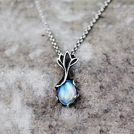 Teardrop & Flower Natural Moonstone Pendnat Necklace, with Antique Silver Alloy Chains