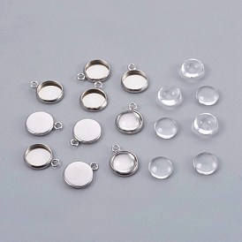 DIY Pendant Making, 304 Stainless Steel Pendant Cabochon Settings and Glass Cabochons, Half Round, Clear