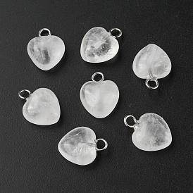 Natural Quartz Crystal Heart Charms, Rock Crystal, with Stainless Steel Color Tone Stainless Steel Loops
