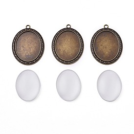 DIY Pendant Making, with Tibetan Style Alloy Pendant Cabochon Settings and Transparent Glass Cabochons, Oval