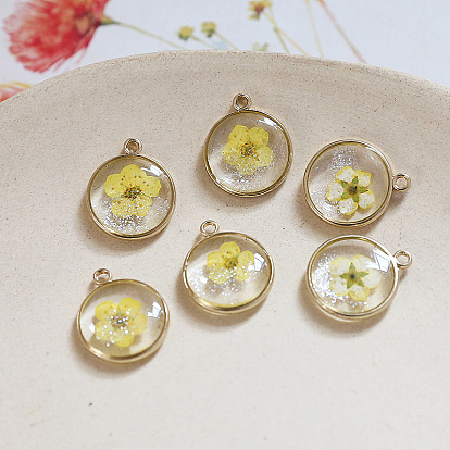 Epoxy Resin Pendants, with Dried Flower Inside Charms, Flat Round