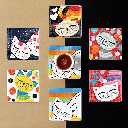DIY Pet Theme Diamond Painting Cat Pattern Coaster Kits, including Square Acrylic Coaster, Cork Pad, Acrylic Rhinestones, Diamond Sticky Pen, Tray Plate, Glue Clay, Coaster Holder