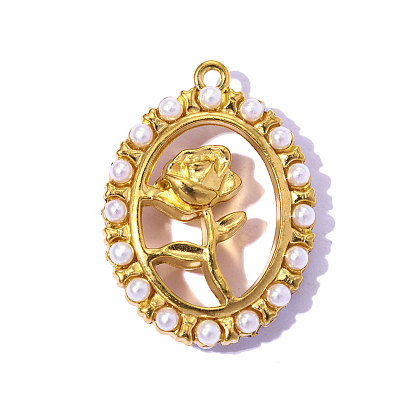 304 подвески из нержавеющей стали, Овальное украшение из искусственного жемчуга с подвесками в виде цветов., ионное покрытие (ip), зеркальная полировка, реальный 18 k позолоченный