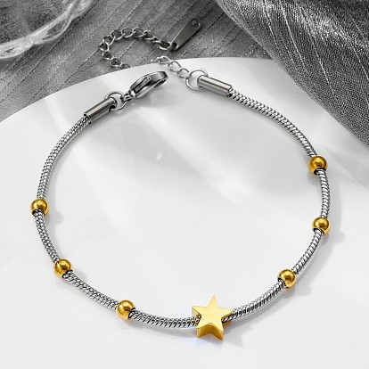 Duo Tone 201 Stainless Steel Star Round Snake Chain Bracelets for Women