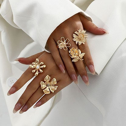 Наборы колец с цветочной тематикой из сплава для женщин, с горный хрусталь и жемчуг имитация