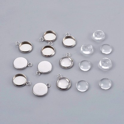 DIY Pendant Making, 304 Stainless Steel Pendant Cabochon Settings and Glass Cabochons, Half Round, Clear