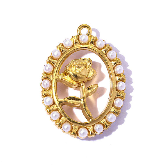 304 подвески из нержавеющей стали, Овальное украшение из искусственного жемчуга с подвесками в виде цветов., ионное покрытие (ip), зеркальная полировка, реальный 18 k позолоченный