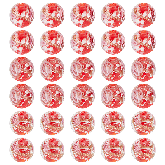 Handmade Inner Flower Gold Sand Lampwork Round Bead Strands