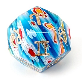 Handmade Millefiori Glass Classical 12-Sided Polyhedral Dice, Engrave Twelve Constellations Divination Game Toy