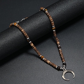 Collier pendentif en alliage à double corne avec chaînes de perles en forme de disque de noix de coco