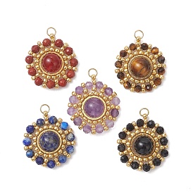 Подвески из натурального драгоценного камня, ограненные в круглые формы, и золотистого стекла, украшенные бисером., подвески в виде солнца с открытыми соединительными кольцами из нержавеющей стали., реальный 304 k позолоченный