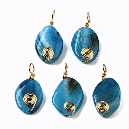Natural Crackle Agate Pendants, Golden Iron Wire Wrapped Pendants, Dyed, Twist Oval