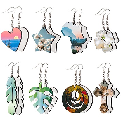 8 Sets 8 Style DIY Sublimation Blank Earring Making Finding Kit, Including MDF Wooden Earring Charm, Sublimation Printing Unfinished Earring Blank Charm, 304 Stainless Steel Earring Hooks