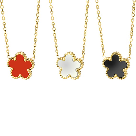 Golden Stainless Steel Flower Pendant Necklaces with Natural Shell for Women