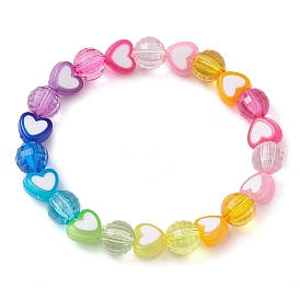 Heart & Faceted Round Acrylic Beaded Stretch Bracelets, Rainbow Color Bracelets