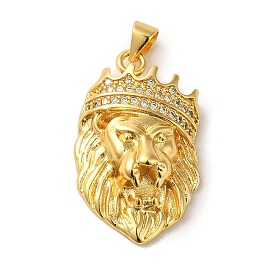 Brass Micro Pave Cubic Zirconia Pendants, Lion with Crown Charms