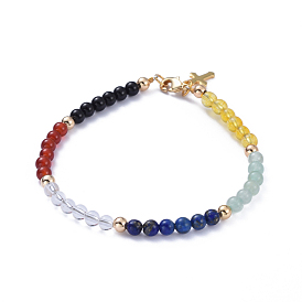 Natural Gemstone Salvation Bracelet, Beaded Bracelets, with Brass Round Beads, 304 Stainless Steel Cross Charms and Lobster Claw Clasps