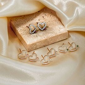 Shiny Romantic Hollow Diamond Heart Stud Earrings Fashionable French Style Jewelry