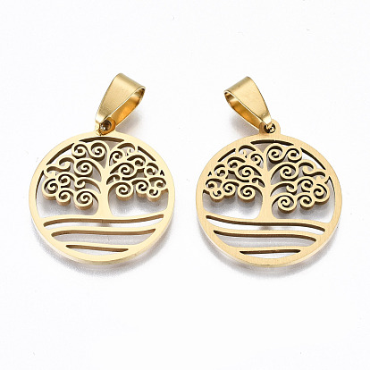 Hollow Out Design Pendants, 201 Stainless Steel Pendants, with Snap on Bails, Laser Cut, Flat Round with Tree of Life