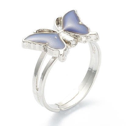 Adjustable Iron Finger Rings, with Epoxy, Changing Color Mood Rings, Butterfly, Platinum