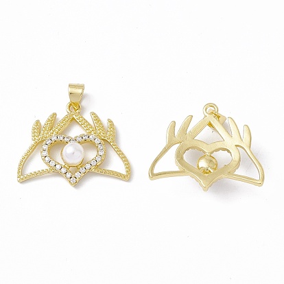 Rack Plating Brass Micro Pave Clear Cubic Zirconia Charms, with Acrylic Bead, Long-Lasting Plated, Cadmium Free & Lead Free, Hand with Heart