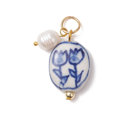 Фарфоровое изделие ручной работы с подвесками из натурального культивированного пресноводного жемчуга., овал с подвесками в виде цветов, с железными контактами