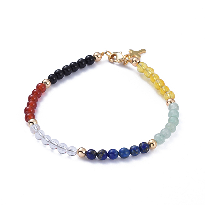 Natural Gemstone Salvation Bracelet, Beaded Bracelets, with Brass Round Beads, 304 Stainless Steel Cross Charms and Lobster Claw Clasps