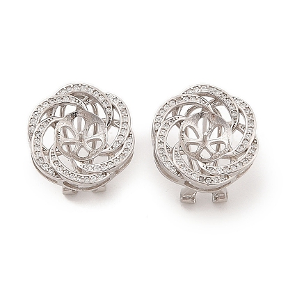 925 Sterling Silver Micro Pave Cubic Zirconia Earring Settings Findings, for Half Drilled Beads, Flower
