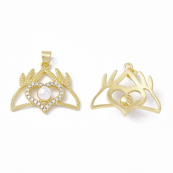 Rack Plating Brass Micro Pave Clear Cubic Zirconia Charms, with Acrylic Bead, Long-Lasting Plated, Cadmium Free & Lead Free, Hand with Heart