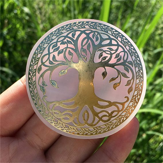 Натуральный селенит плоский круглый со статуями древа жизни, для украшения рабочего стола домашнего офиса