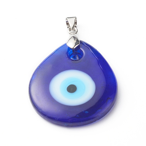 Handmade Lampwork Evil Eye Pendants, with Grade AA Brass Ice Pick Pinch Bails Finding, Teardrop