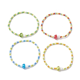 4Pcs 4 Colors 3mm Round Glass Seed Beads Stretch Bracelet Sets, Mushroom Handmade Lampwork Stackable Bracelets for Women