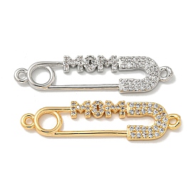Brass Micro Pave Clear Cubic Zirconia Connector Charms, Paper Clip Links with Word Mom