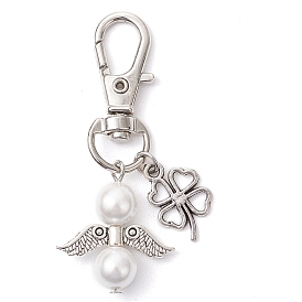 Angel Shell Pearl Pendant Decorations, Alloy Clover and Swivel Lobster Claw Clasps Charms for Bag Ornaments