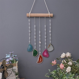 Natural Agate Slice Pendant Decorations, with Wood Stick, for Home Living Room Bedroom Decor