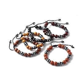 Synthetic Hematite Beads Bracelet for Men Women, Round Wood Braided Bead Bracelet