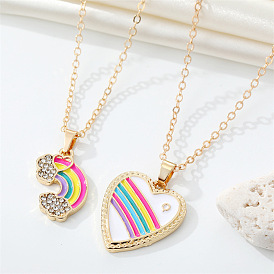Cute Rainbow Heart Necklace with Sparkling Rhinestones and Oil Drop Pendant